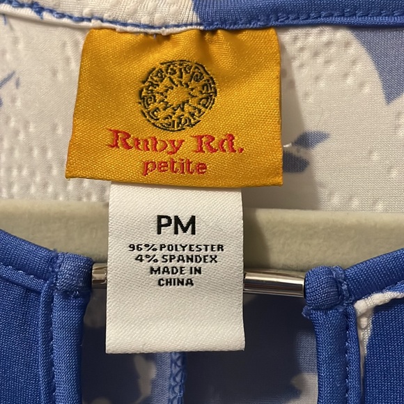 Ruby Rd Petite M puff print flutter sleeve dress in light blue and white floral. - Picture 7 of 8